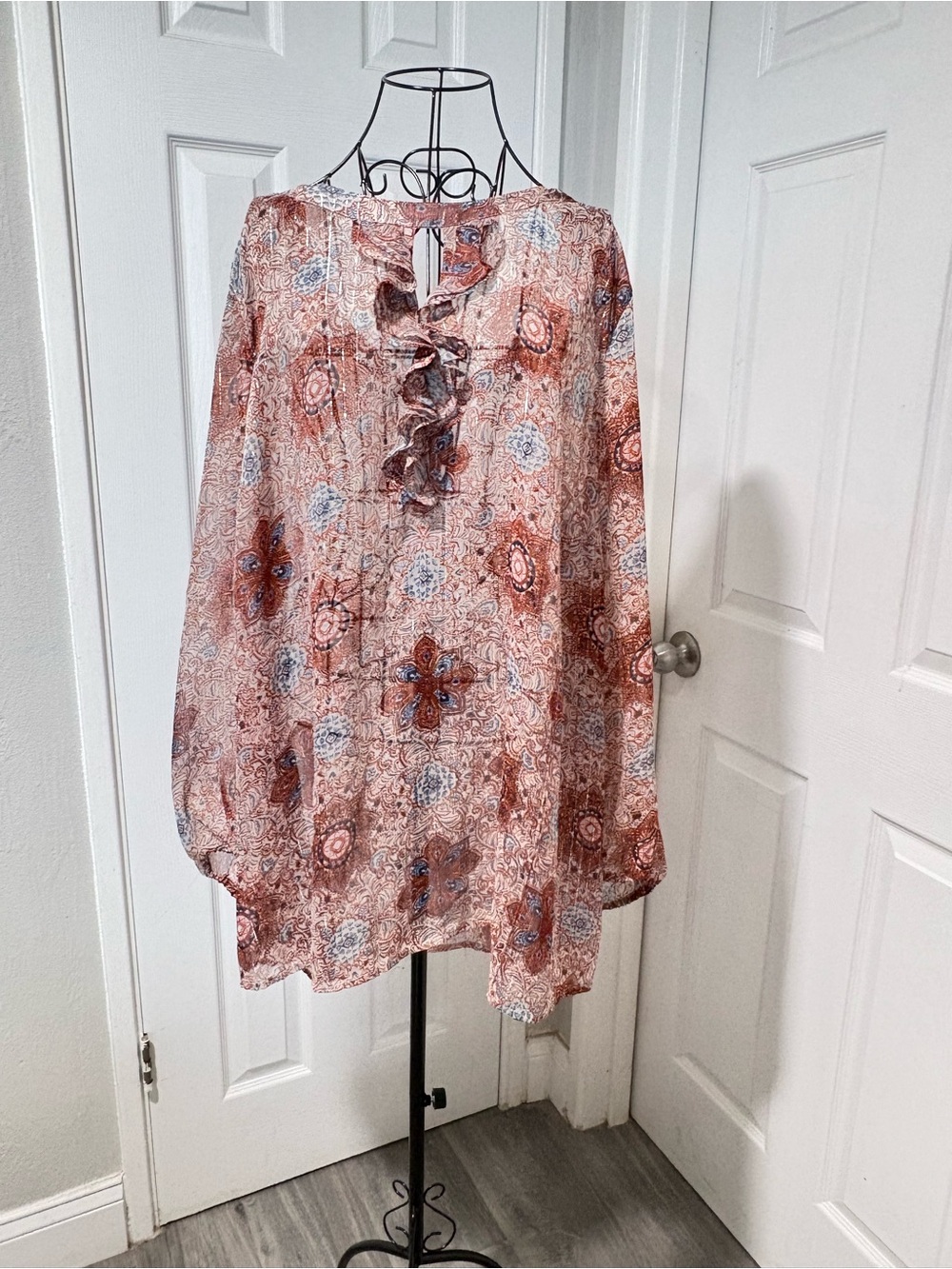 ellos Plus Size Boho Ruffle-Front Sheer Long-Sleeve Tunic in Blue and Copper